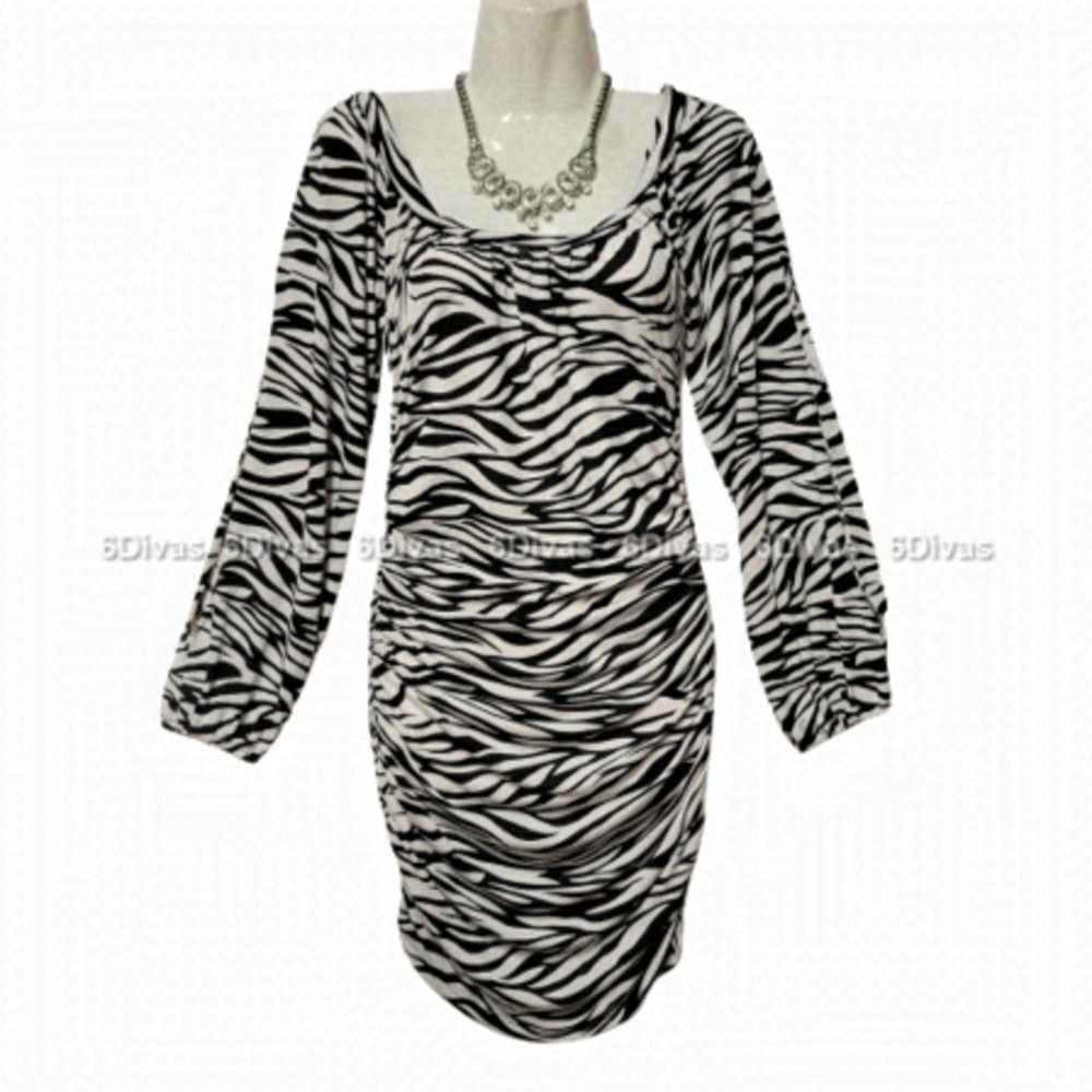 Black and White Animal Print Long Sleeved Body Conforming Sexy Dress